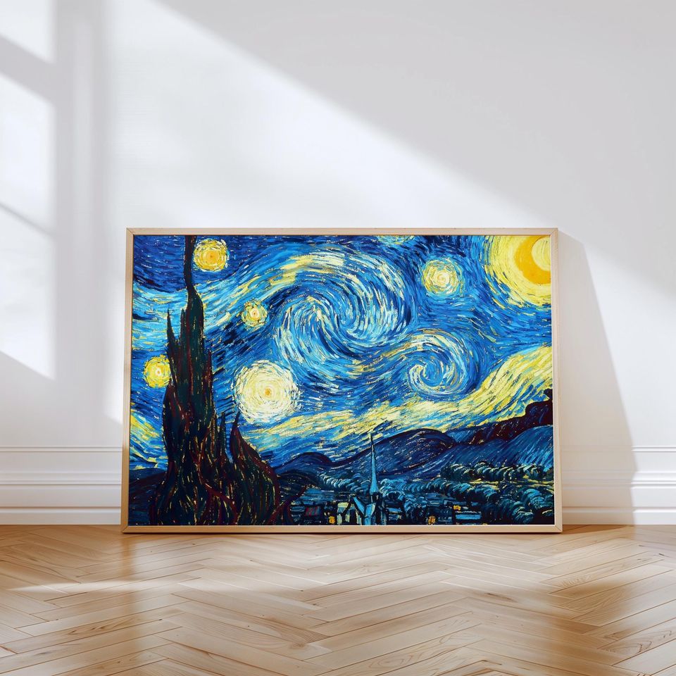 Dreamy Starry Night Art Painting Print  Celestial Wall Decor Poster in Moody Blues, Night Sky Wall Decor, Landscape Print