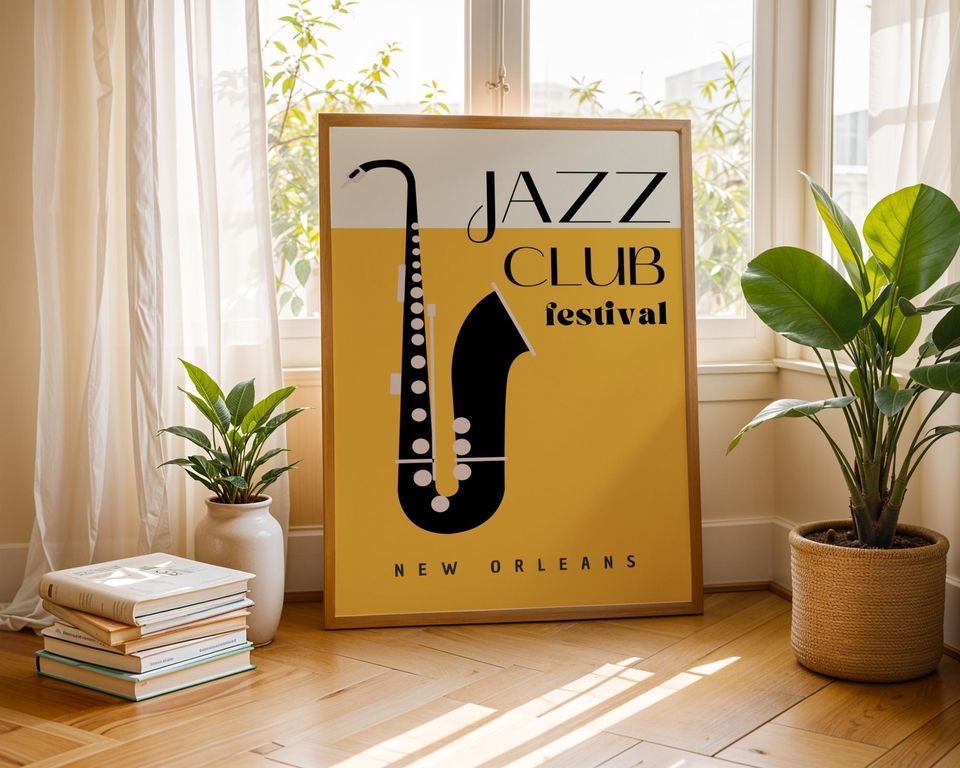 Jazz Saxophone Poster, Yellow Jazz Festival Digital Print, Decor for Music Lovers