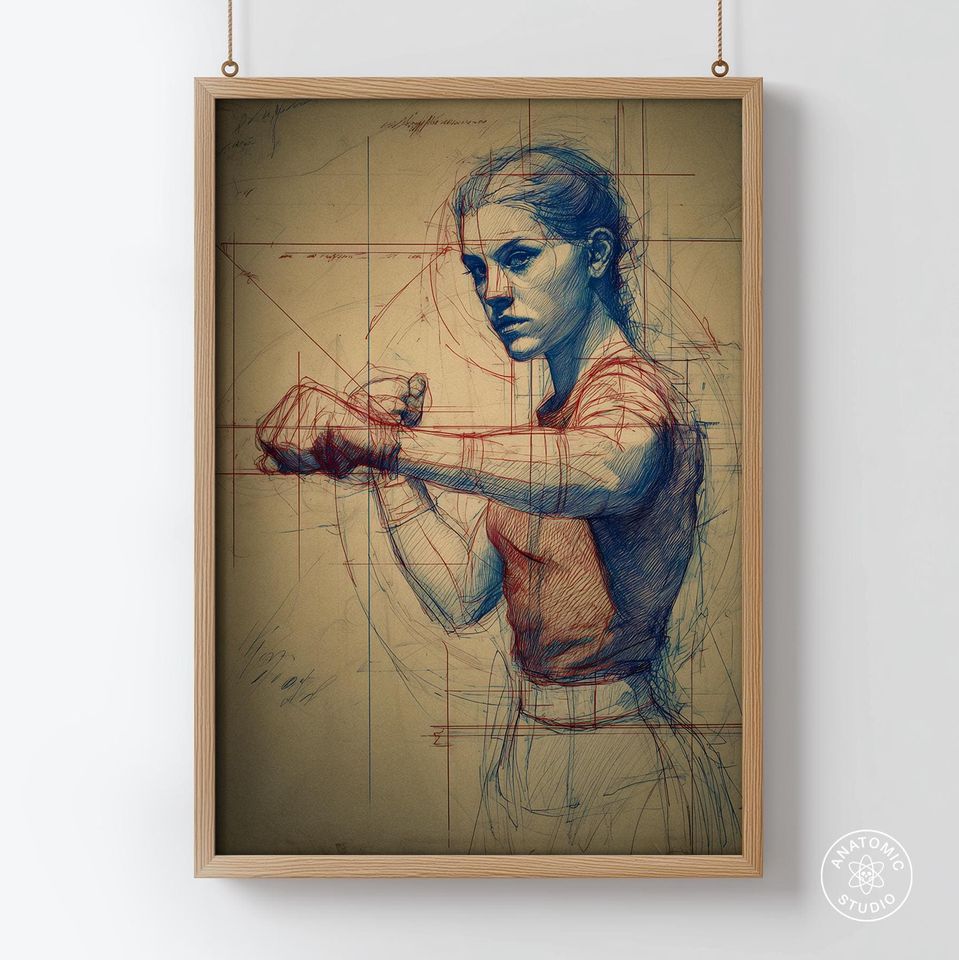 Female Boxer Anatomy Sketch | Boxing Wall Art | Vintage Technical Drawing Poster | Strength