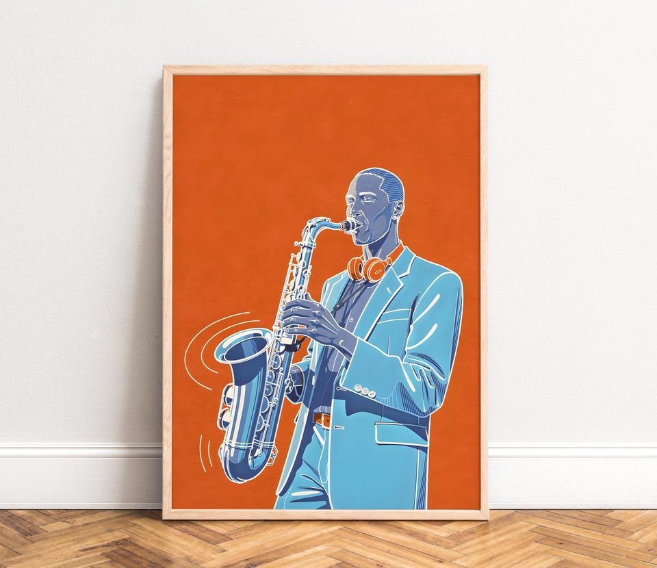 Saxophone Poster,  modern jazz illustration,  blue,  orange palette,  musician portrait wall art - stylish living room or studio decor