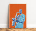 Saxophone Poster,  modern jazz illustration,  blue,  orange palette,  musician portrait wall art - stylish living room or studio decor