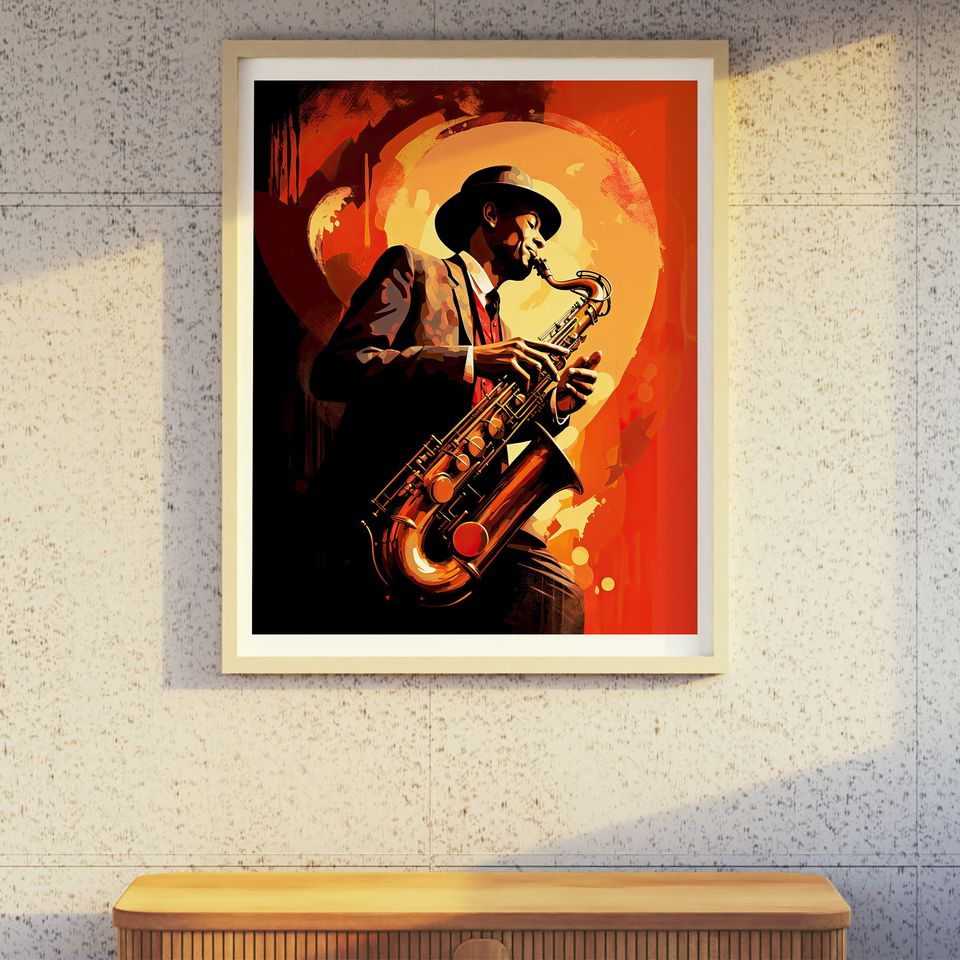 Jazz Wall Art Printable, Saxophone Player Poster, Music Wall Art, Jazz Decor, Musician Print, Retro Jazz Poster, Orange Abstract Art