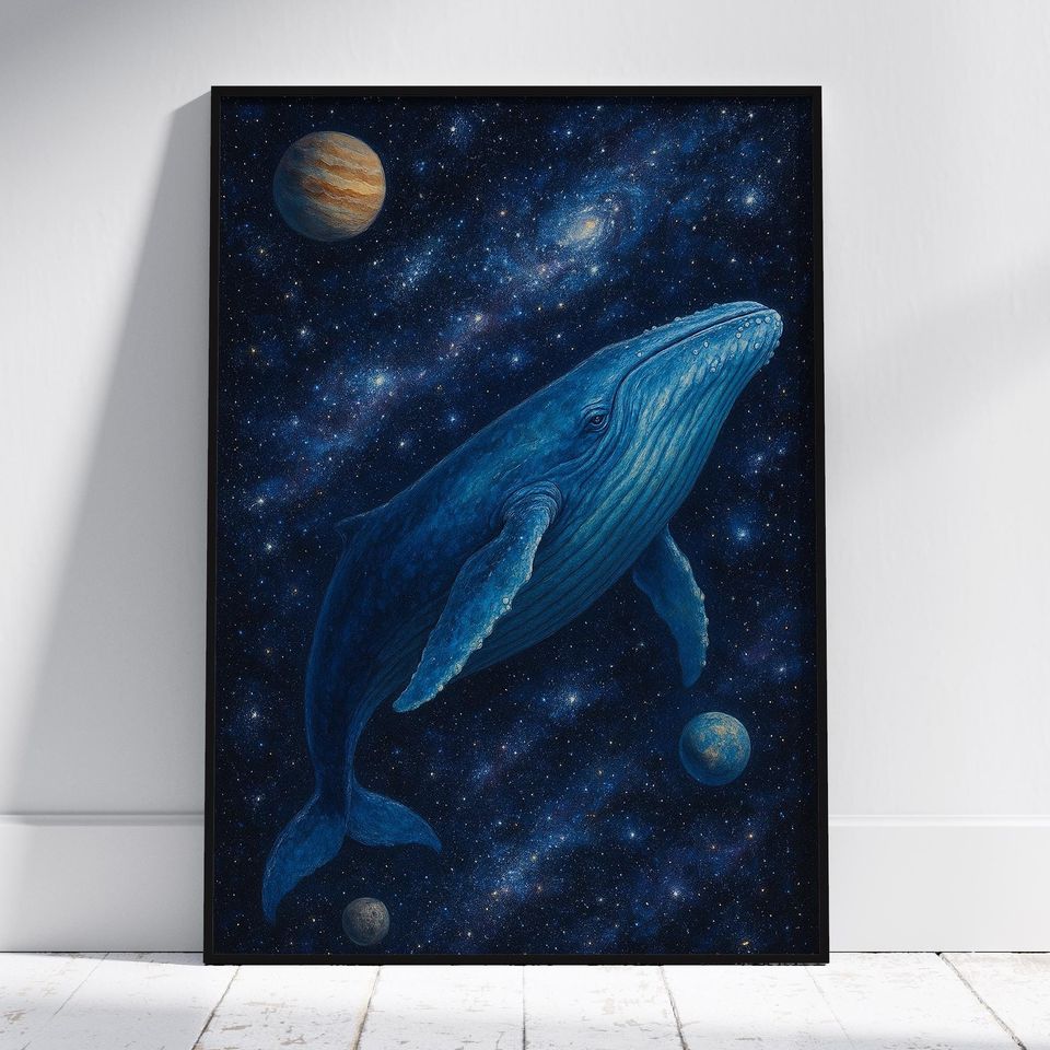 Space Whale Wall Art, Cosmic Ocean Illustration, Celestial Whale Galaxy Print, Surreal Starry Decor
