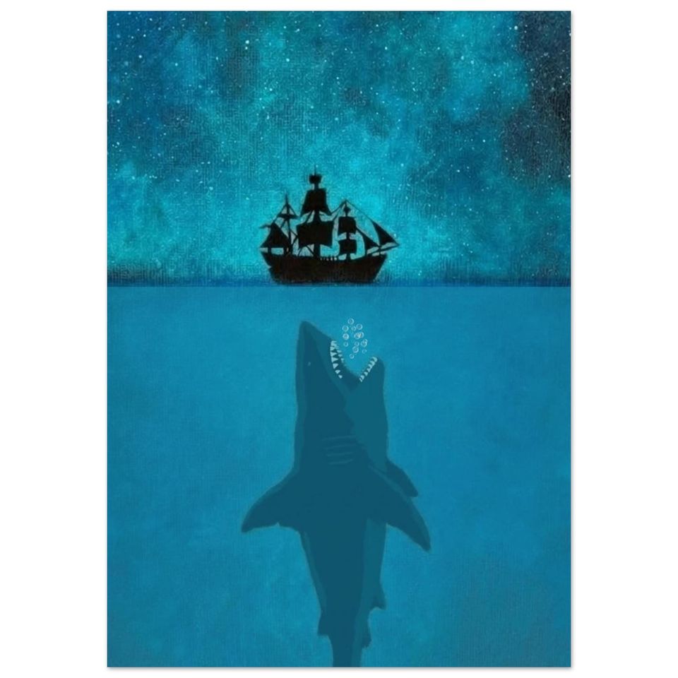 Dark Sea Image Boat being attacked by shark Megladon wall art gift for brother or father perfect picture for bathroom or bedroom