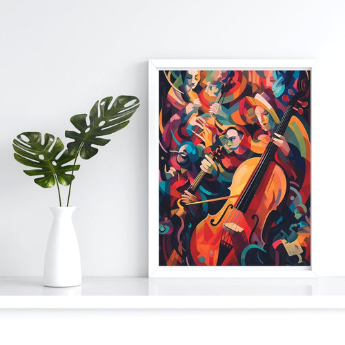 Abstract group of people playing instruments, musical instrument, musical room decor, wall art illustration