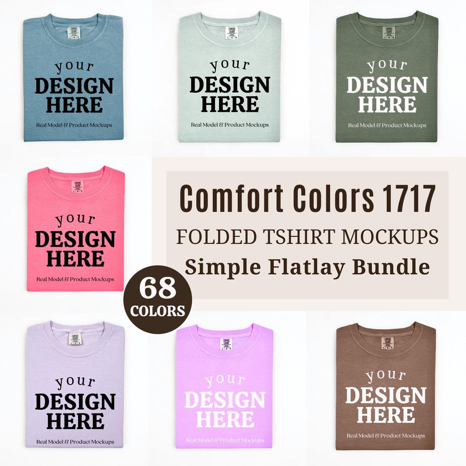 Comfort Colors 1717 Tshirt Flat Lay Mockup Bundle, CC1717 Folded T-Shirt Flatlay Bundle, Minimal POD Simple White Background 1717 Flat Lay