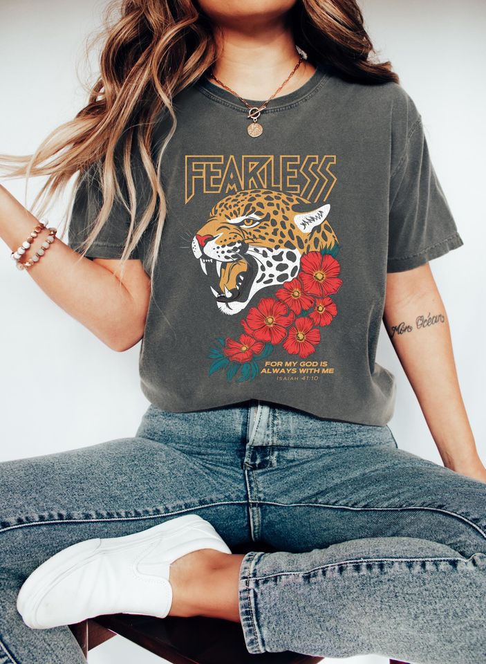 Fearless Christian Leopard Graphic Shirt, Bible Verse Isaiah 41:10 Tee, Faith Based Comfort Colors Shirt