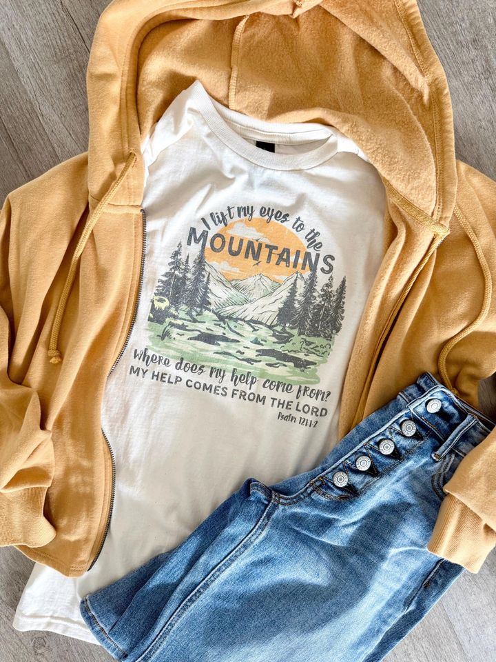 I lift my eyes to the mountains, where does my help come from? My help comes from the Lord, Psalm 121:1-2, Womens christian tshirt