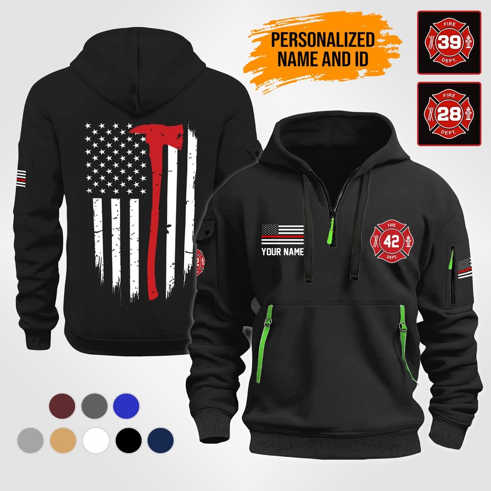 Personalized Name & ID Number Proud Firefighter Quarter Zip Hoodie