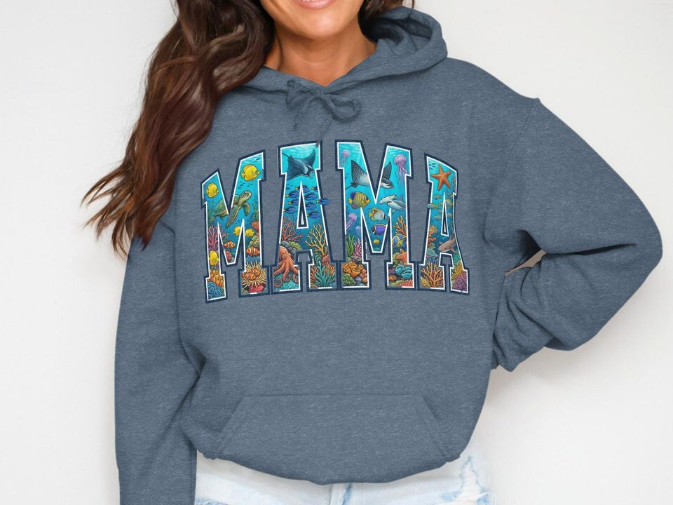 MAMA Ocean Life Hoodie, Underwater Marine Reef Design, Sea Turtle Shark Octopus Fish, Coastal Tropical Mother's Day Gift