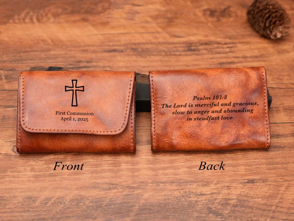 Personalized Leather Rosary Pouch & Coin Purse, Credit Card Holder, Cowhide Coin Purse, 1st Communion, Confirmation Gift, Gift for Catholics