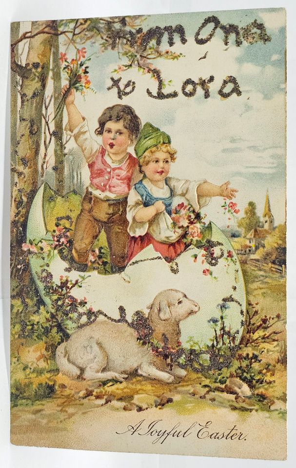 Easter Postcard Children in Egg with Baby Lamb Applied Glitter Embossed PFB Series 7500