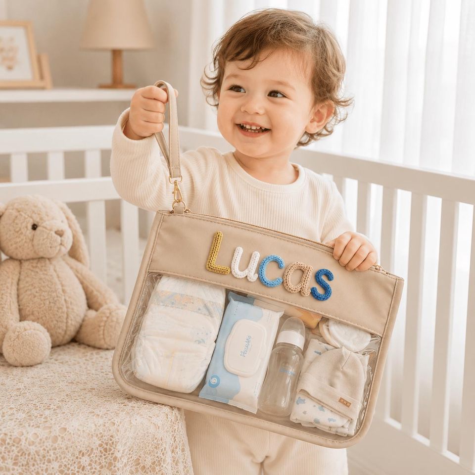 Personalized Clear Baby Organizer Pouch, Custom Name Diaper Bag, Nursery Essentials Storage