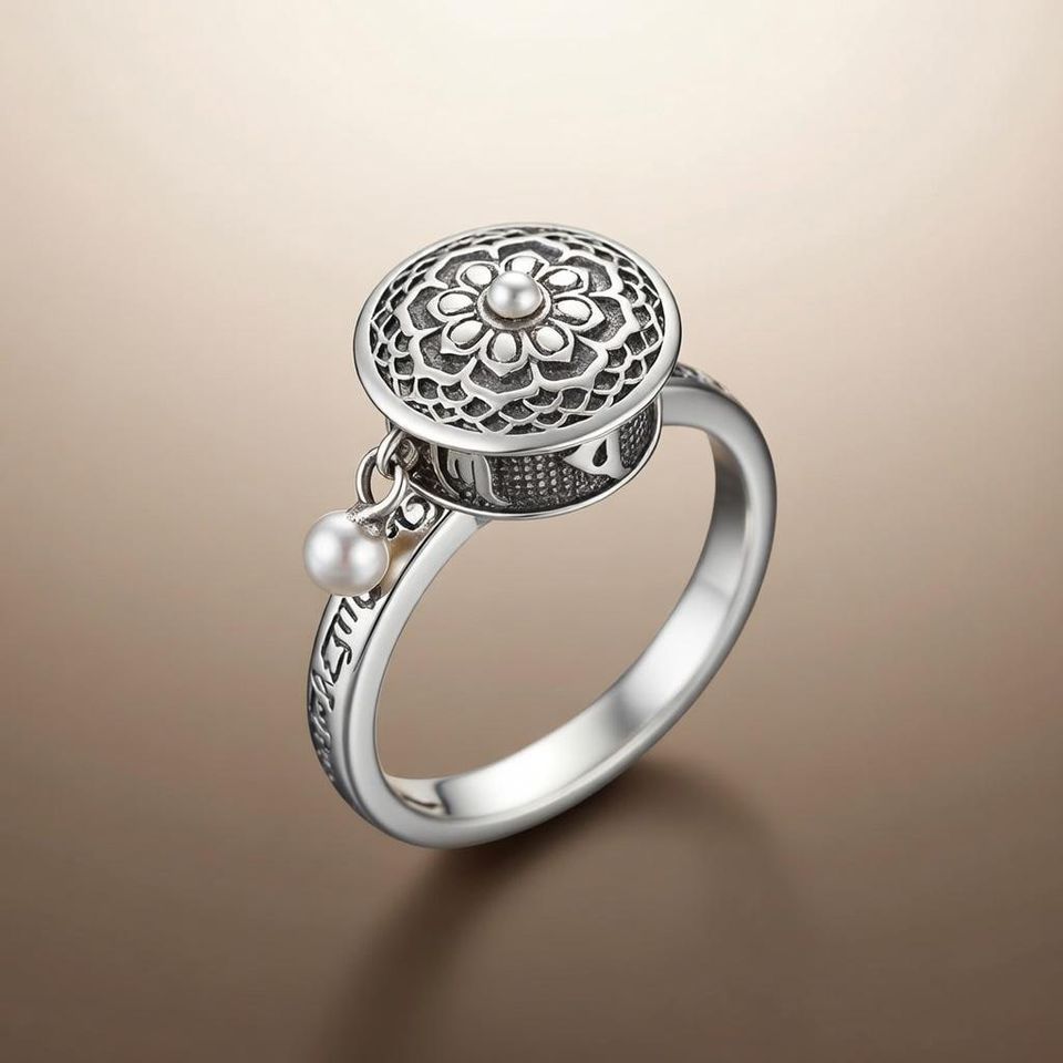 925 Sterling Silver Tibetan Prayer Wheel Ring | Adjustable Mandala Spinner