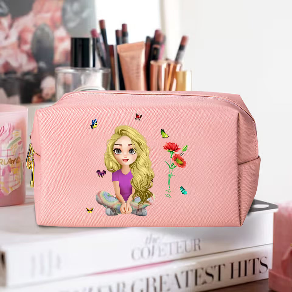 Personalised Birth Flower Cartoon Character Leather Makeup Pouch Bag with Name Portable Travel Essentials Birthday Bridesmaid Gift for Women