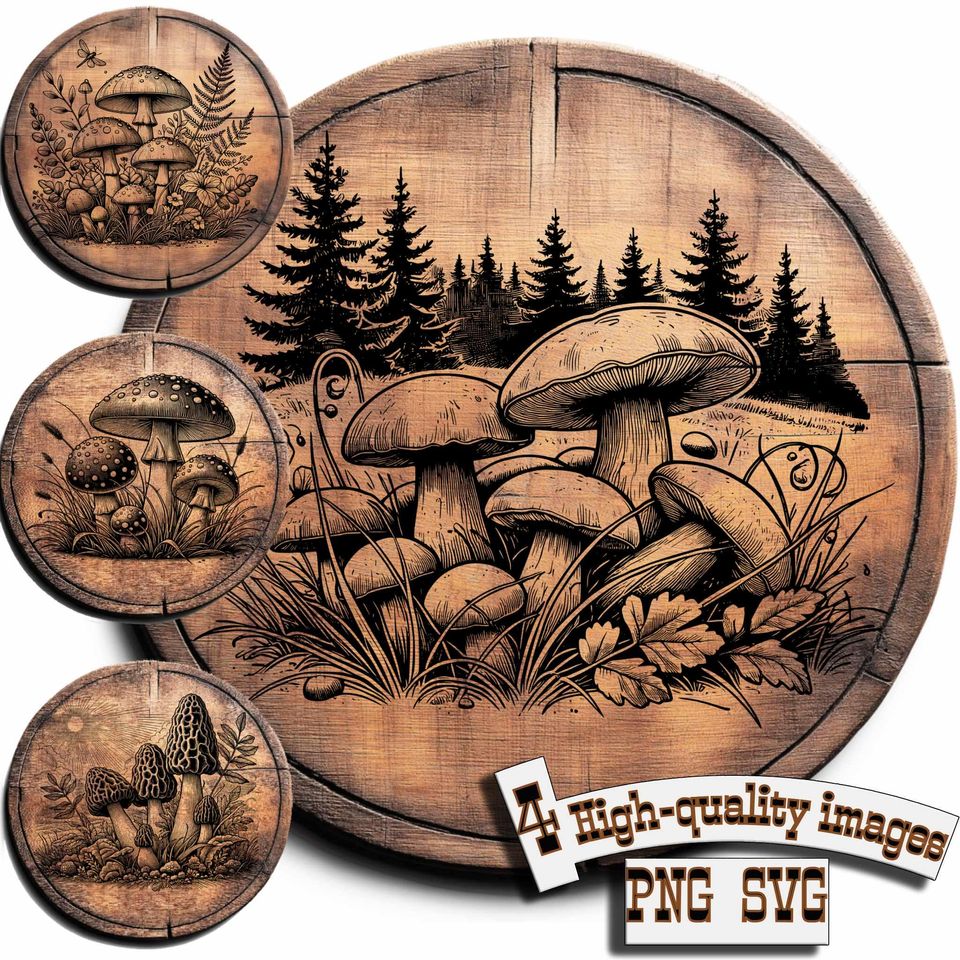 Bundle 4 Mushrooms vector for design on wood, t-shirts, slate, canvas, mugs, laser engraving, сutting board design,PNG/SVG