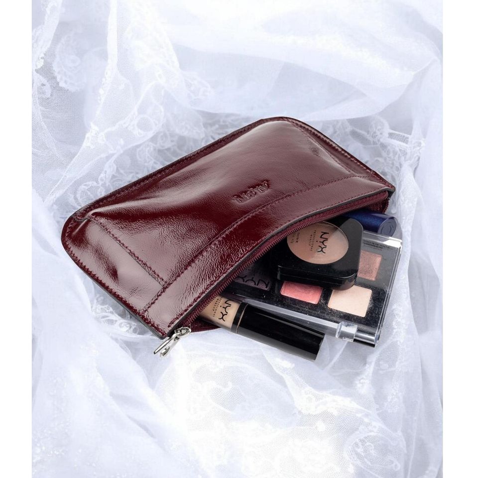 Cherry red beige black small leather makeup bag for women pouch burgundy make up slim vintage purse bags toiletry chic cosmetic case