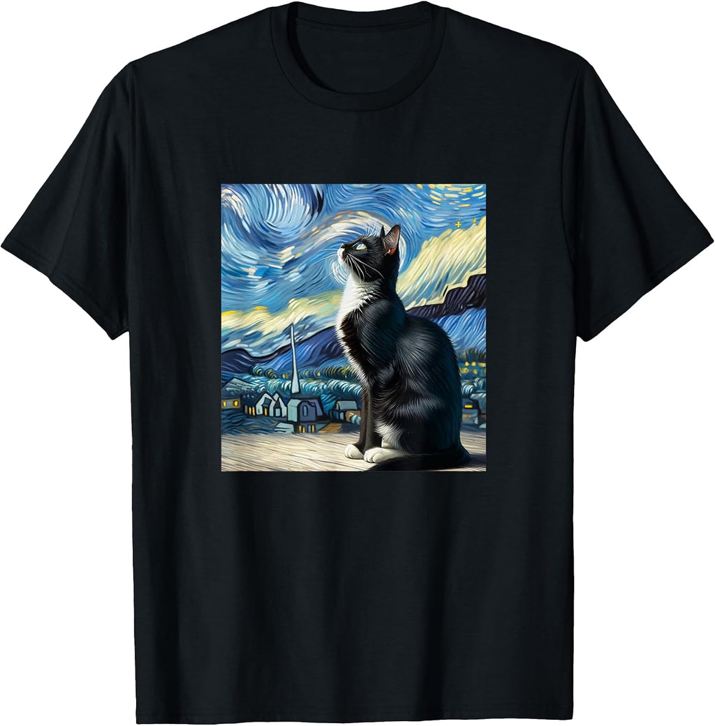 Tuxedo Cat Starry Night Van Gogh Style -