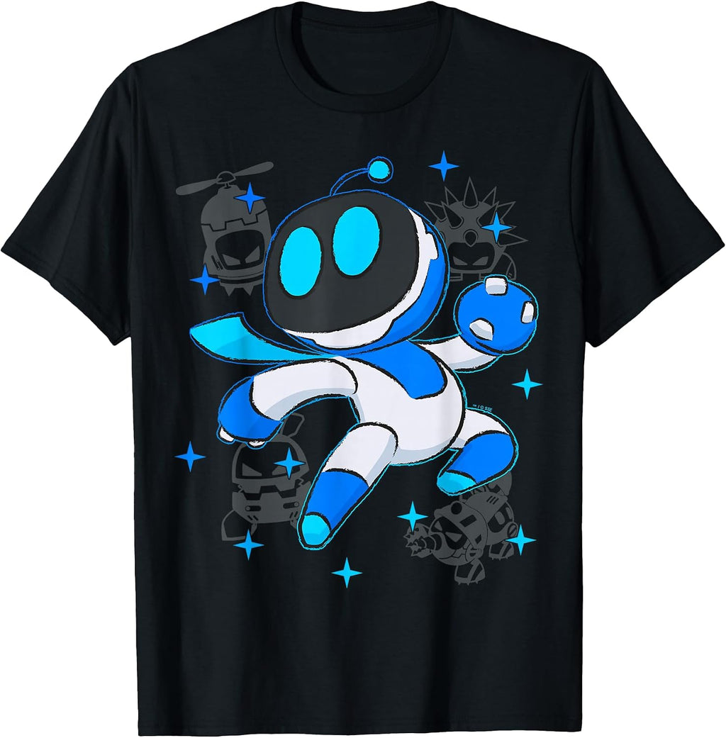 Astrobot PlayStation's Astro Bot Fighting Enemies in Space T-Shirt