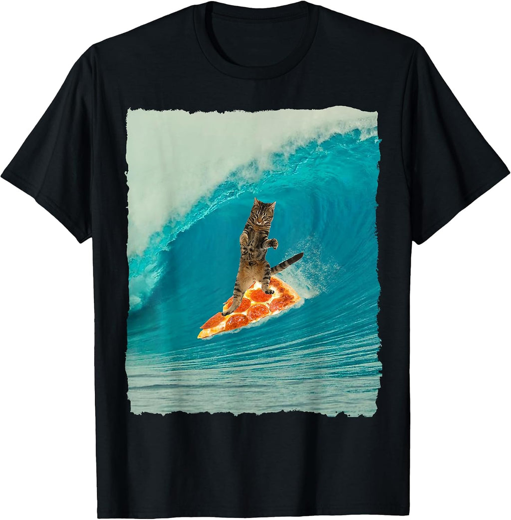 Funny Surfing Cat Pizza Board T Shirt