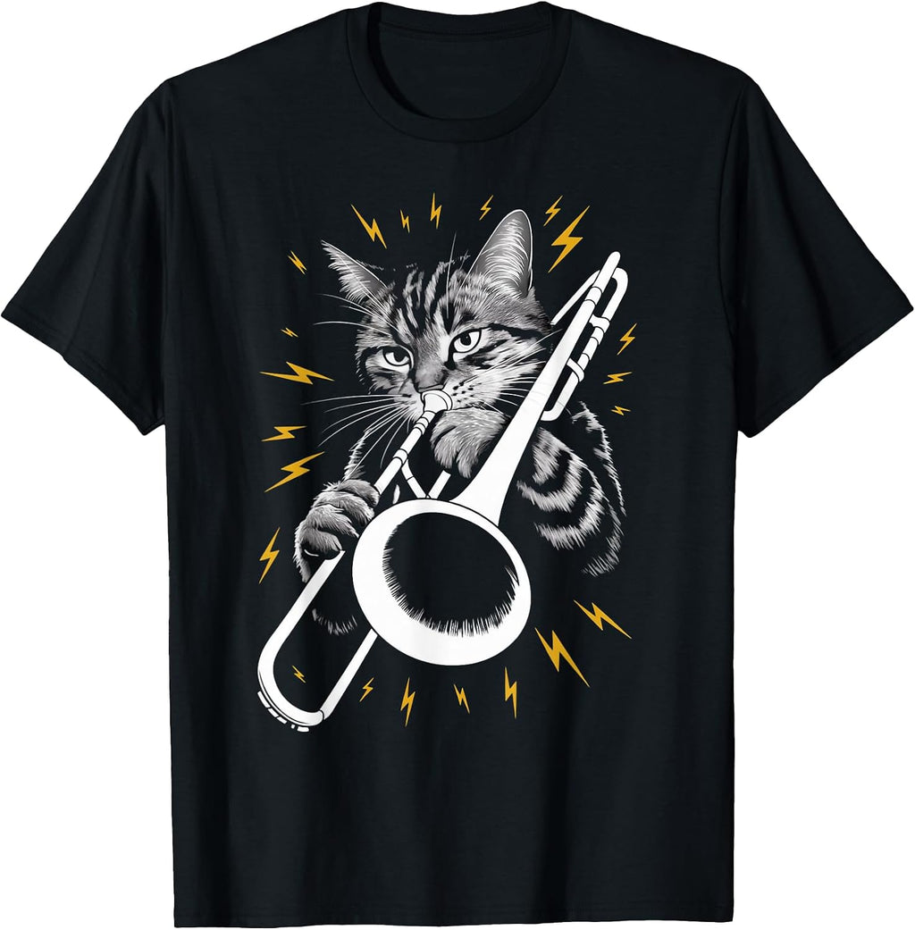 Musik Cat Playing Trombone instrument on Cat Trombonist T-Shirt