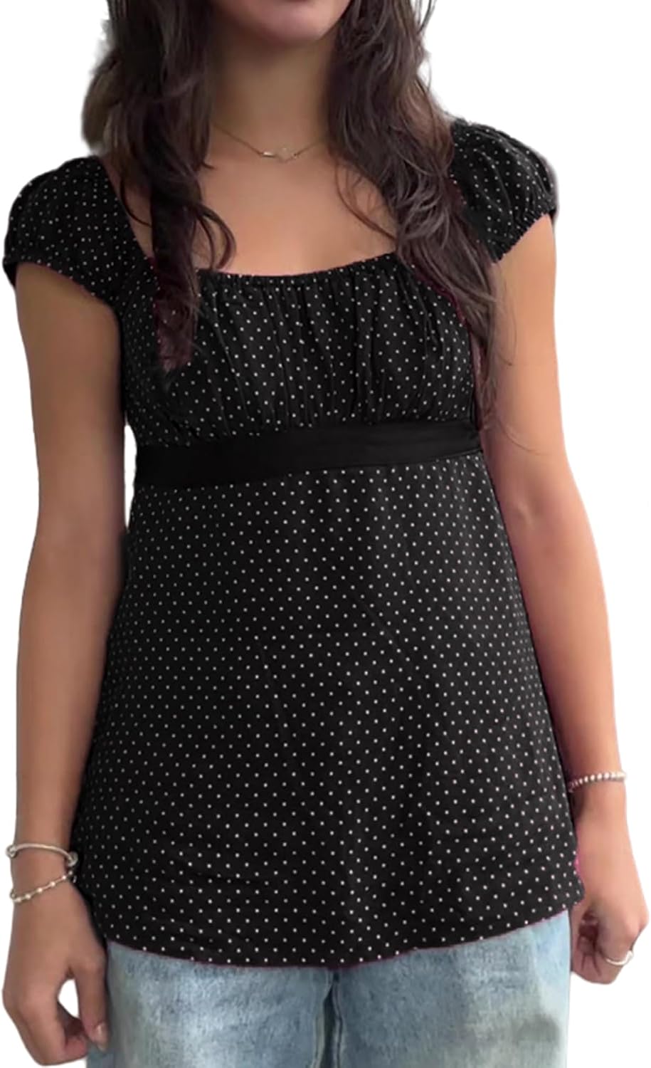 Women Fairy Coquette Babydoll Shirt Y2k Cap Sleeve Polka Dot Grunge Flowy Preppy Tees Vintage Aesthetic Clothes