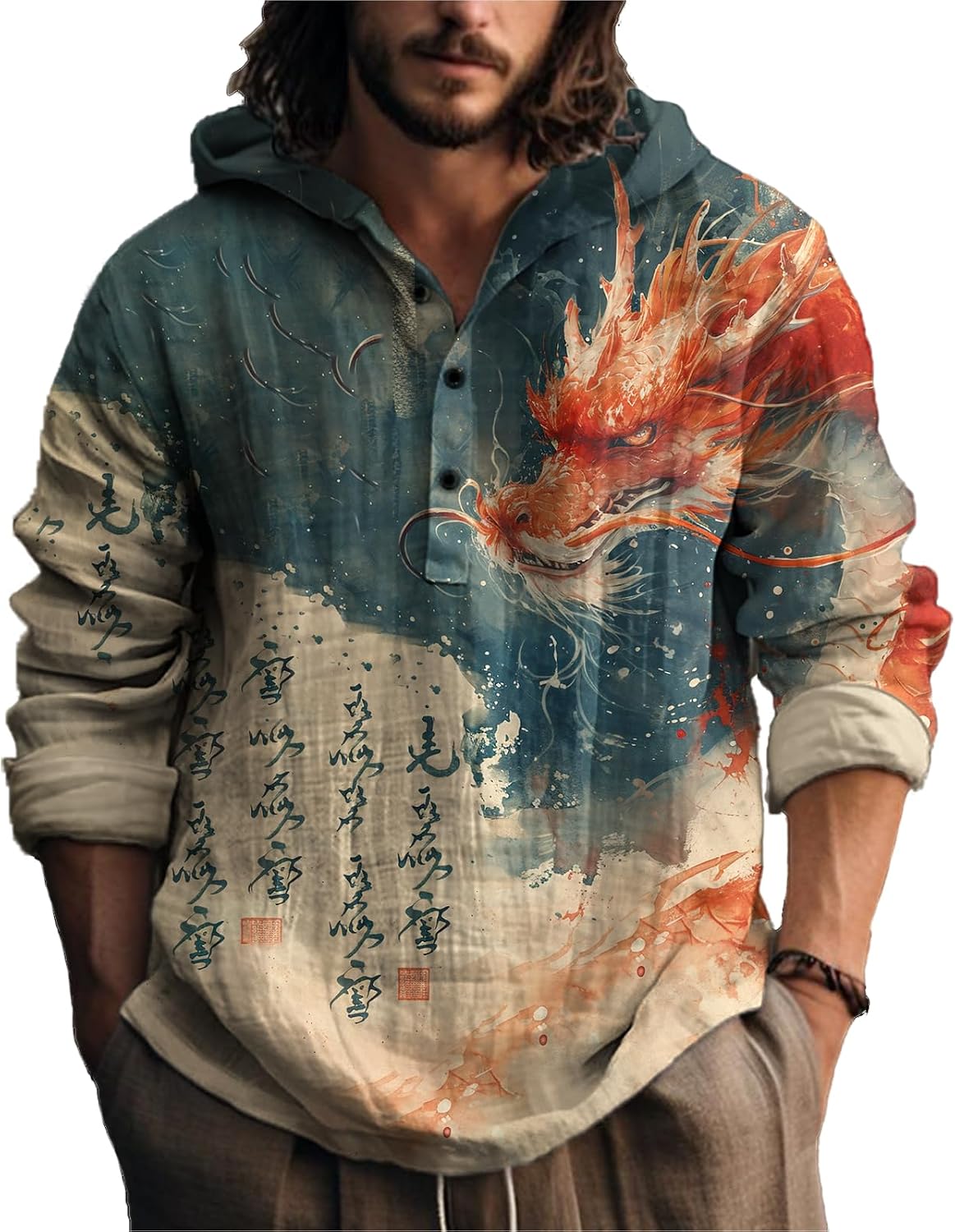 Novelty Hippie Light Weight Hoodie for Men Long Sleeve Hooded Shirt Casual Quarter Button Tops for Spring Fall
