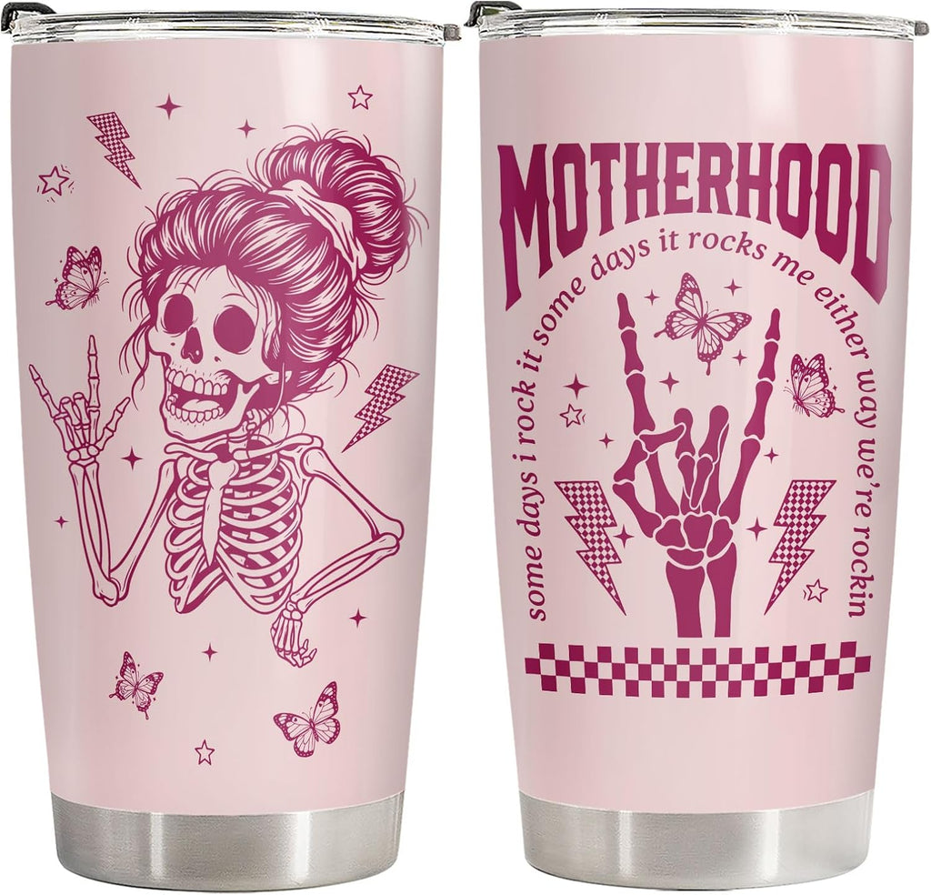 34HD Motherhood Rocks Tumbler 20oz, Funny Skeleton Mom Travel Coffee Mug, Mothers Day Gift for Mommy Mama Nana Idea - Birthday Gifts for Moms from Daughter Son Husband