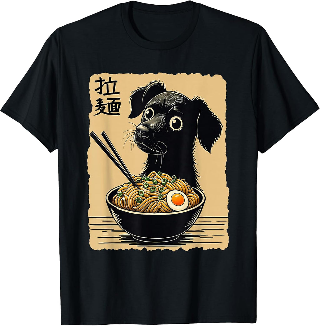 Kawaii Black Dog Ramen Noodles Japanese Ukiyo-e Aesthetic T-Shirt