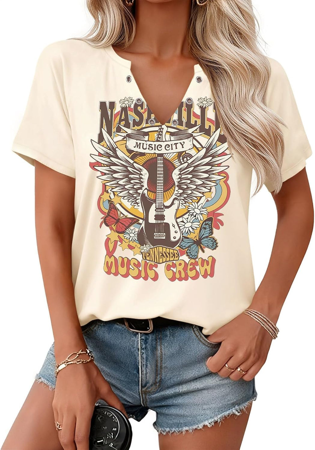 Country Music Shirts for Women V Neck Rock Band Tshirt Vintage Graphic Concert Graphic Short Sleeve Top