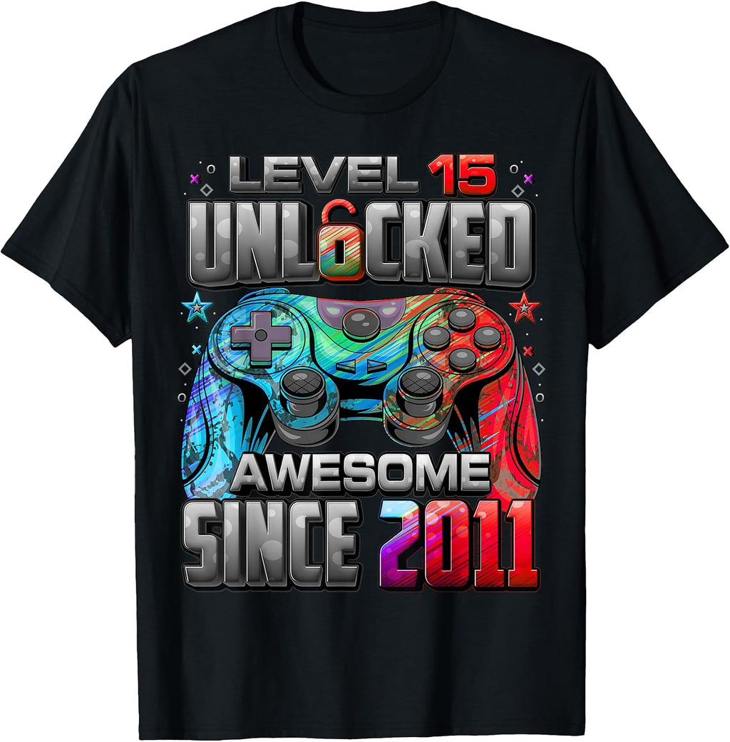 Level 15 Unlocked Awesome Since 2011 15th Birthday Gaming T-Shirt