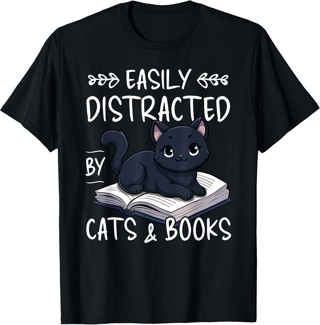 Easily Distracted By Cats & Books Black Cat And Book Lover T-Shirt