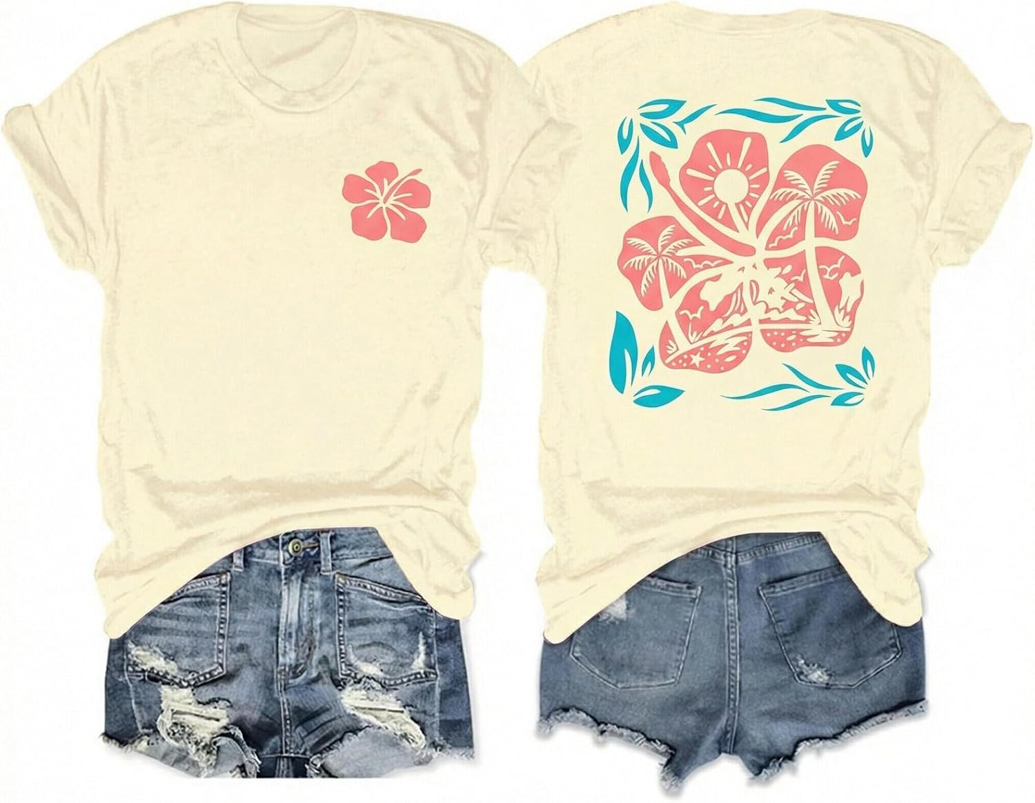 Hawaiian Shirts for Women Oversized Beach Hibiscus Flower Graphic T Shirt Teens Aesthetic Tropical Tee Tops