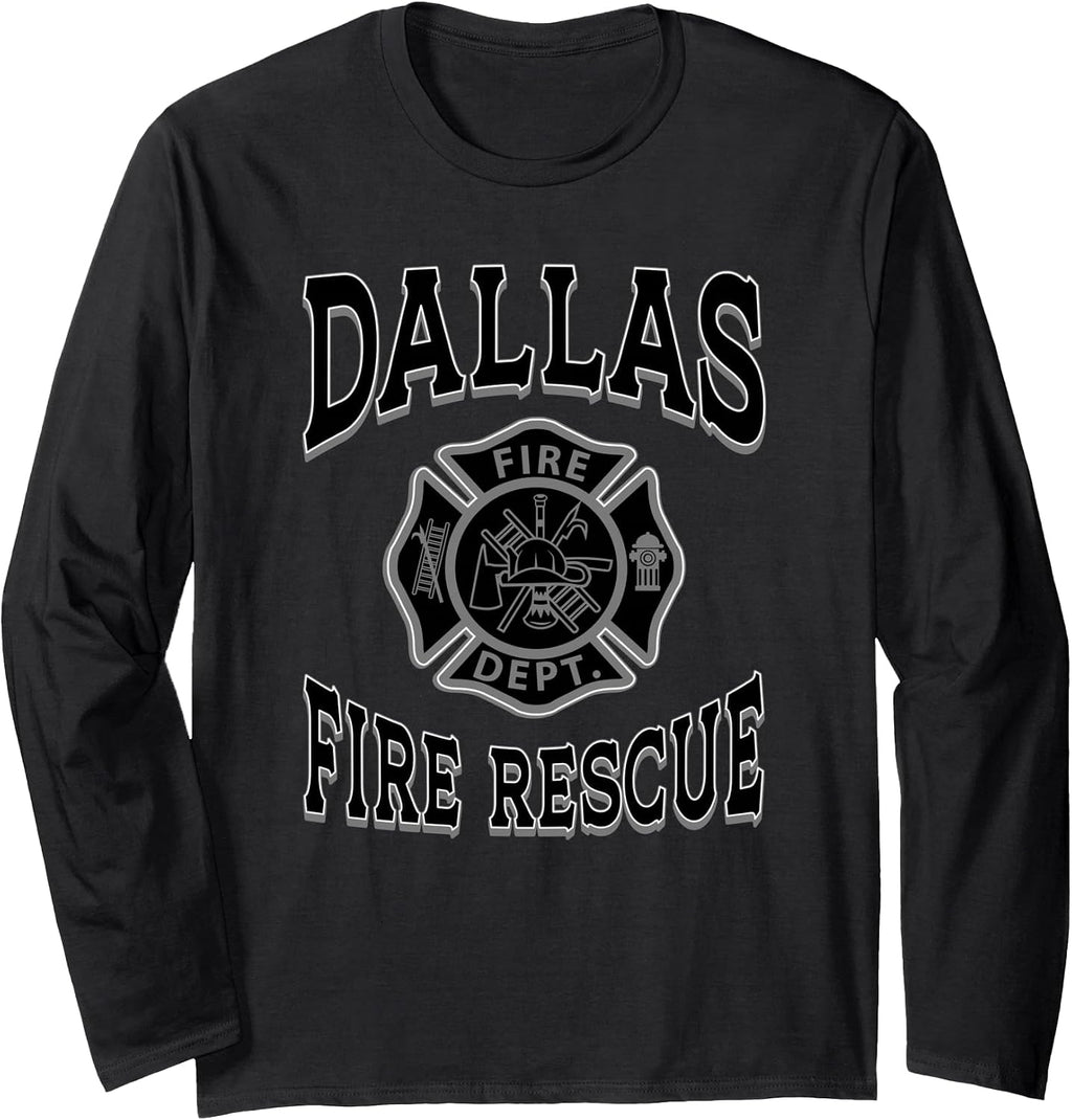 Retro Black Dallas Fire Department Flag Texas Firefighter Long Sleeve T-Shirt