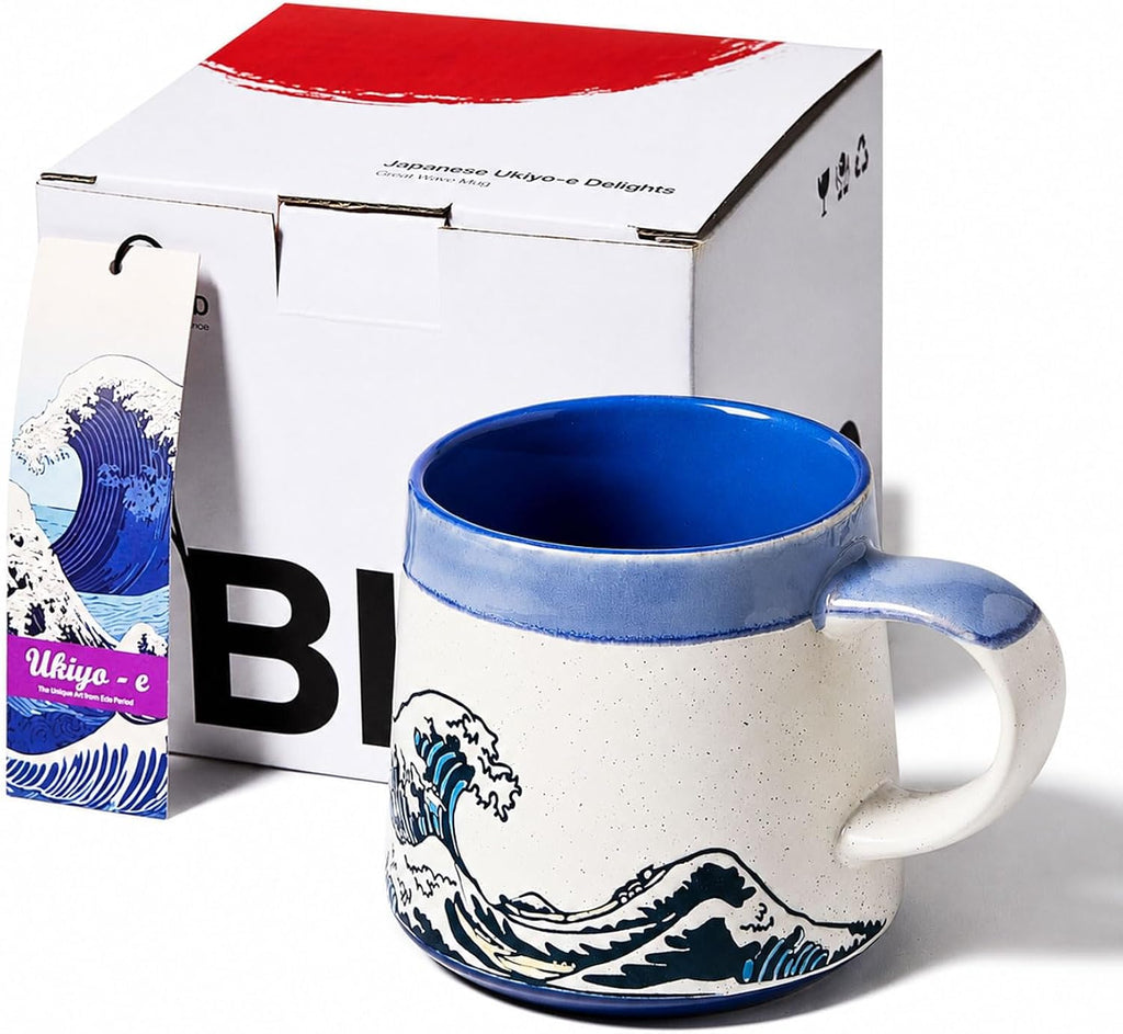 BICETTO Handmade 15oz Japanese Ukiyo-e Large Ceramic Coffee Mug, Artistic Pottery Big Tea Cup for Office & Home, Microwave & Dishwasher Safe (Great Wave)