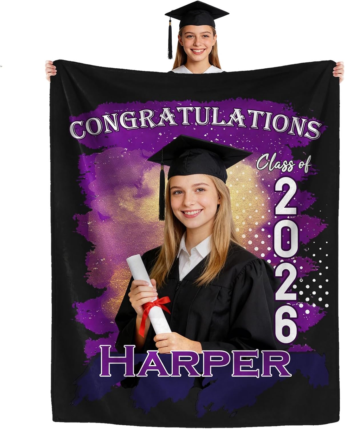 Ships Next Day Custom Graduation Blanket with Picture Text, Class of 2026 Personalized Photo Throw Blankets Customized Flannel Blanket Graduation Gifts for Him Her Son Daughter Brother Sister