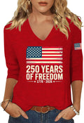 American Flag 3/4 Sleeve V Neck Shirt for Women 4th of July Independence Day Graphic Long Sleeve Tee Summer Patriotic Tops