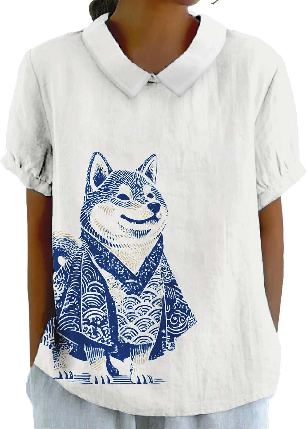 Funny Animal Printed T-Shirts for Women Boho Flower Graphic Lantern Sleeve Tee Collared Neck Trendy Classic Shirts