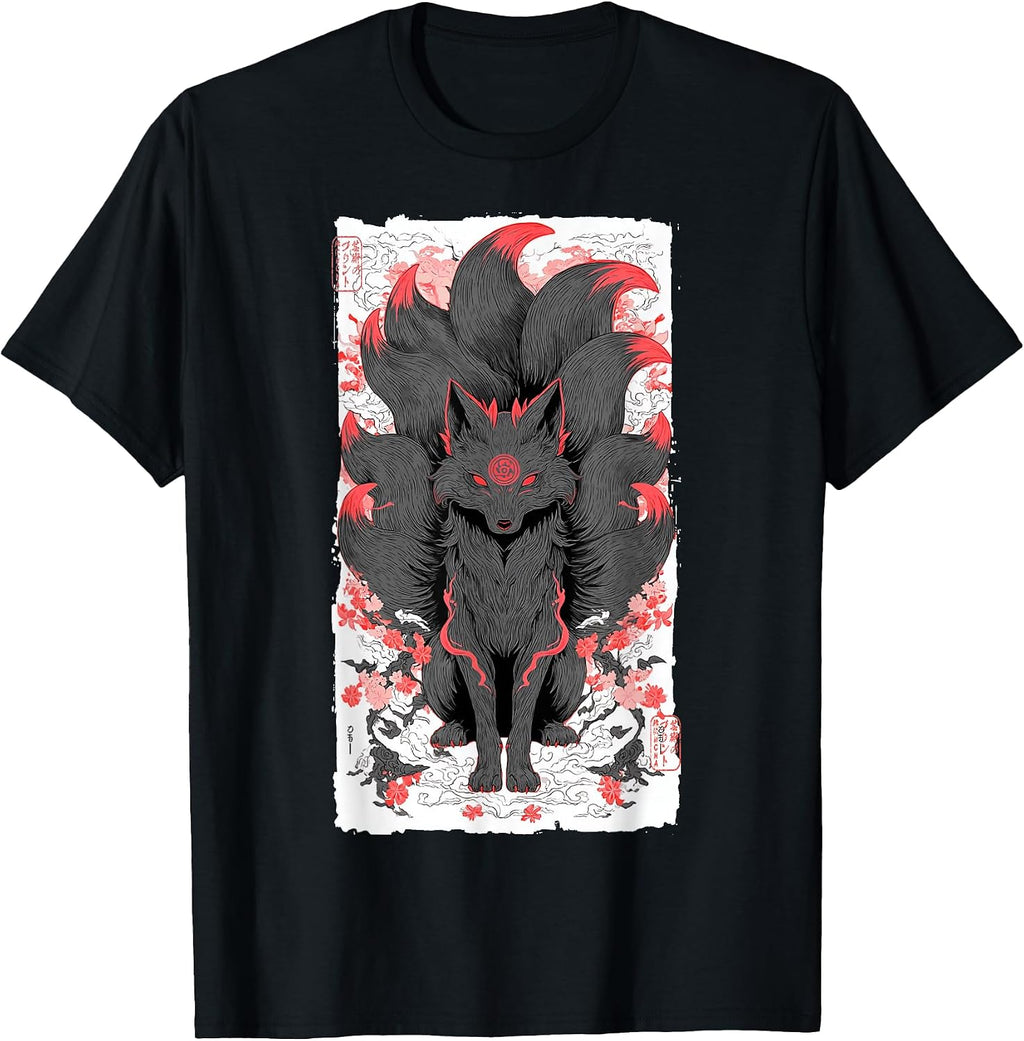 Japanese Nine-Tailed Fox Kitsune Anime Mythology Art T-Shirt