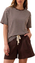 Women's Vintage Boxy Cropped Tee Short Sleeve Striped T Shirt Loose Fit Tops Casual Summer Blouses