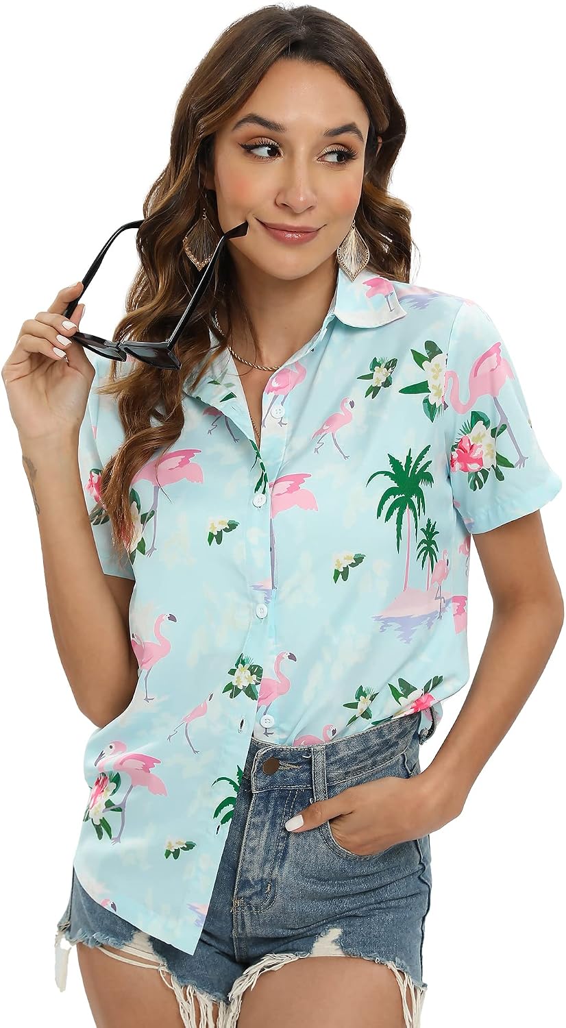 Hawaiian Shirt for Women Short Sleeve Casual Button Down Shirts Summer Outfits Tropical Flamingo Shirts