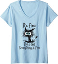Womens Funny Black Cat It's Fine I'm Fine Everything is Fine V-Neck T-Shirt Small