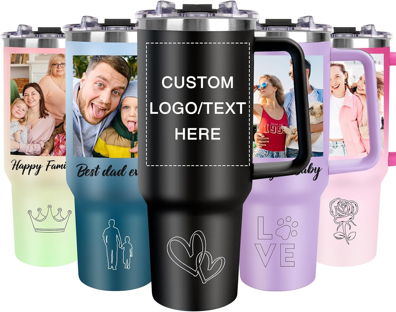 Personalized 40oz Tumbler with Handle, Custom Insulated Tumblers with Pictures Logo, Stainless Steel Travel Coffee Mug, Personalized Gifts for Women Men Birthday Fathers Day Mothers Day