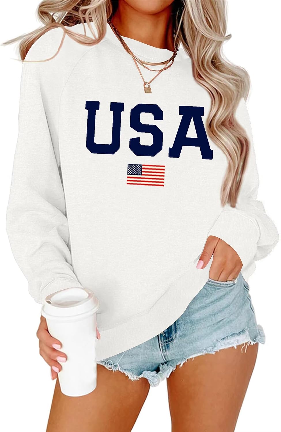 Womens USA Shirt Casual Long Sleeve Graphic Tees Knit Crew Neck Sweatshirts Loose Pullover