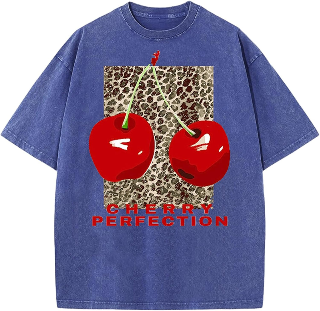 Women's Oversized Graphic Tees Cherry T Shirts Washed Vintage Casual Summer Baggy Cotton Tops Cute Grunge Shirt