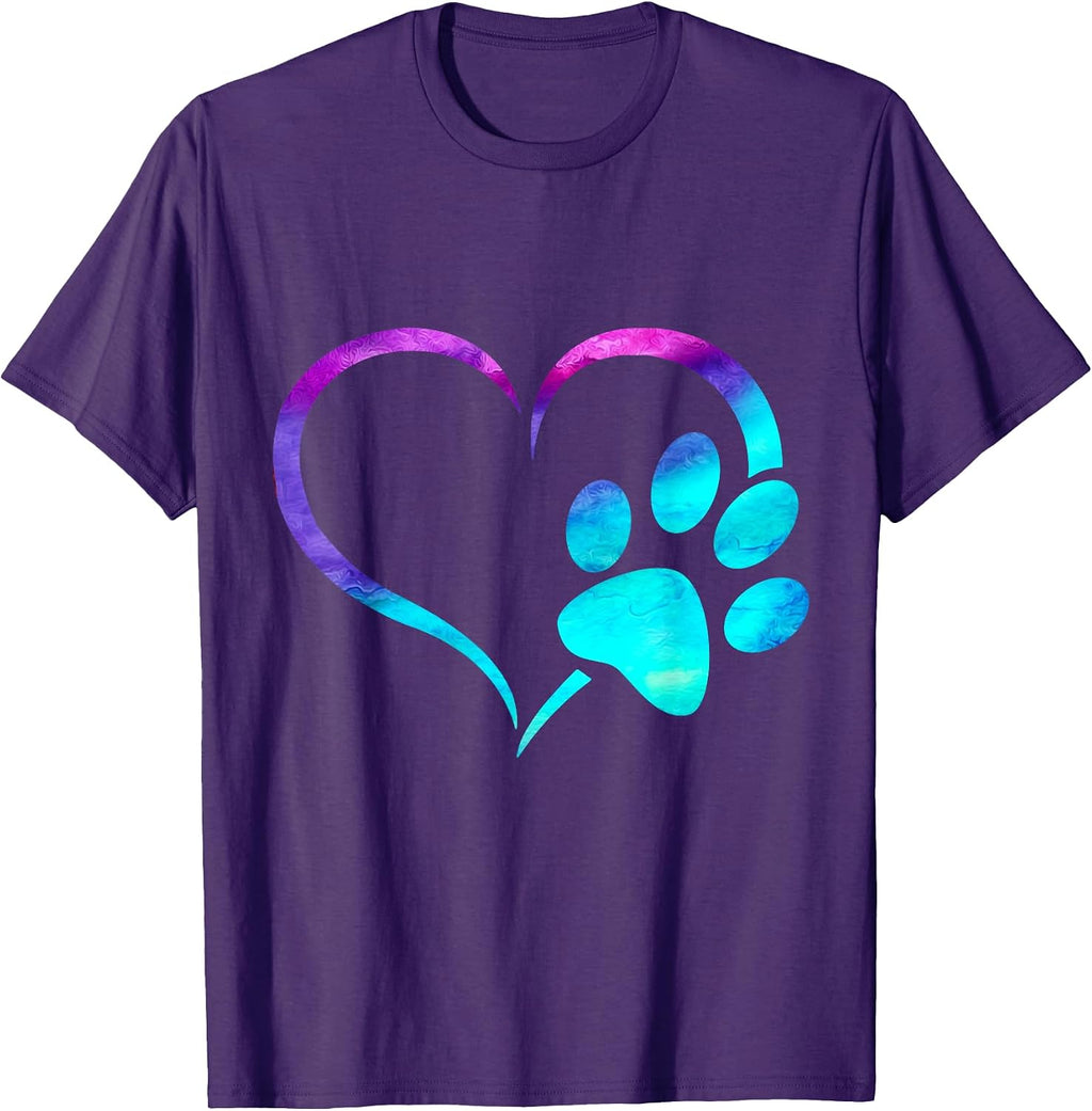 purple Cyan turquoise Dog Paw Print heart For Dogs Lover T-Shirt