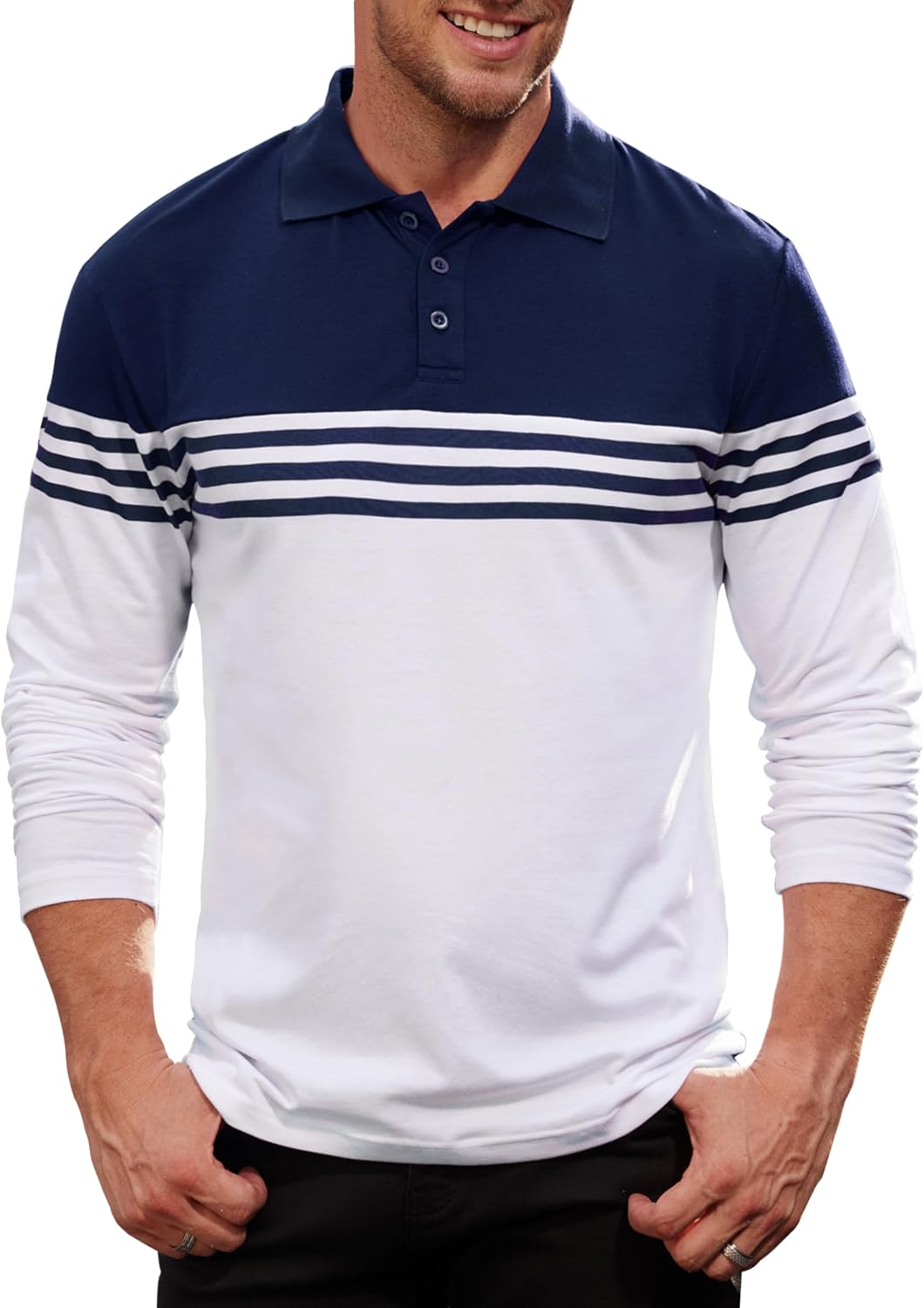 Men Casual Striped Polo Classic Long Sleeve Regular Fit Shirts (S-2XL)