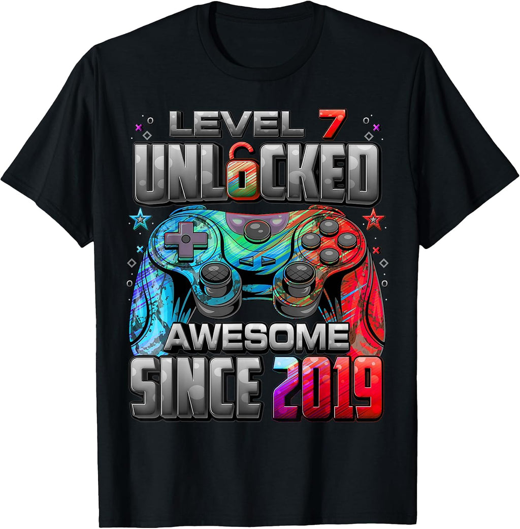 Level 7 Unlocked Awesome Since 2019 7th Birthday Gaming T-Shirt