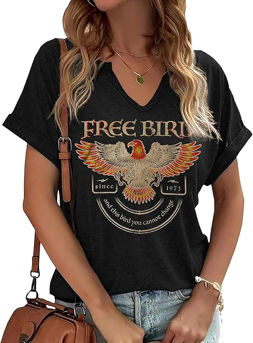 Women's Vintage Rock Band T-Shirt/Free Bird Eagle Graphic Tees/Country Concert Music Short Sleeve Shirts Tops