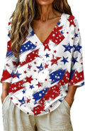 Womens All-Over Star and Stripe Print V-Neck Blouse 3/4 Sleeve Red White Blue Patriotic Top